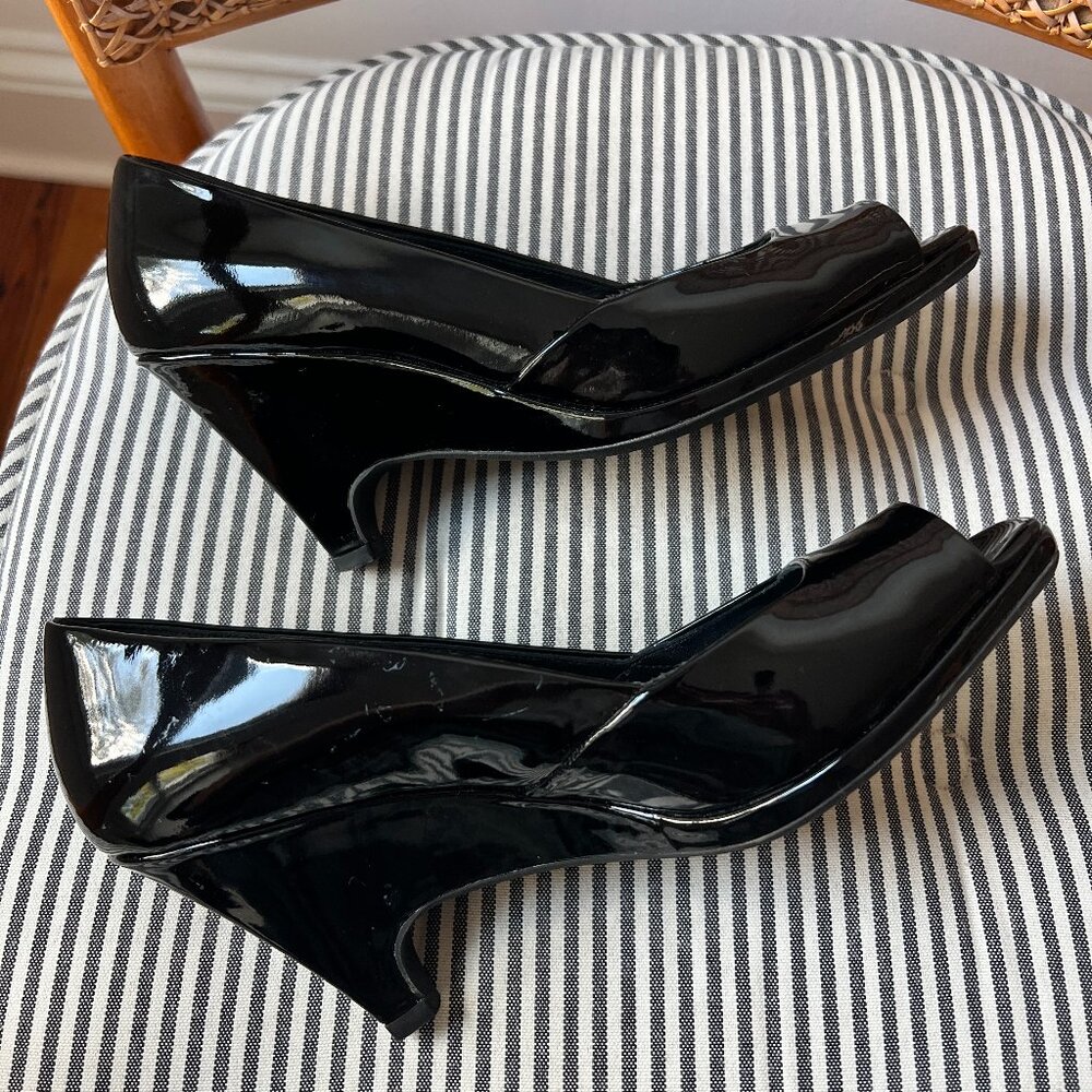 vintage Miu Miu black patent peep toe wedges size 37 Brand New NIB